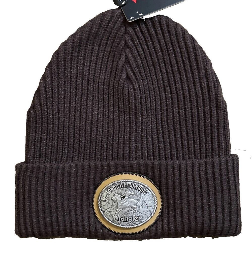 Men’s Wrangler Brown Ribbed Knit Beanie With Long Live Cowboys Medallion NWT New
